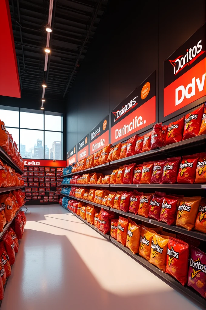 Doritos sales aisle, black roof, red and white wall