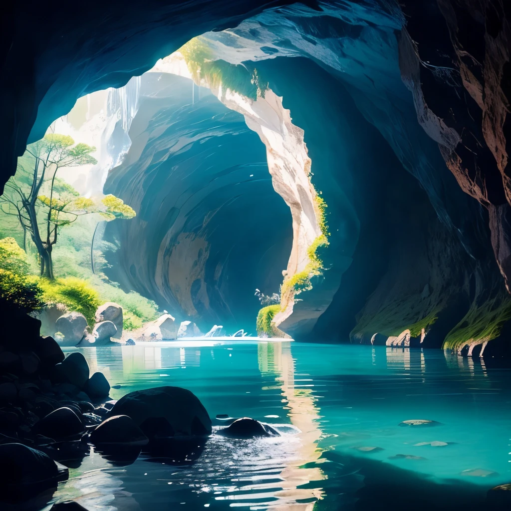 there is a river with a tunnel in the middle of it, a picture by Kanō Tan'yū, tumblr, sōsaku hanga, mystical forest lagoon, beautiful and mysterious, waterfall cave, magical cave, stunning nature in background, beautiful place, underground lake, japan nature, extremely beautiful and ethereal, really beautiful nature, magical environment