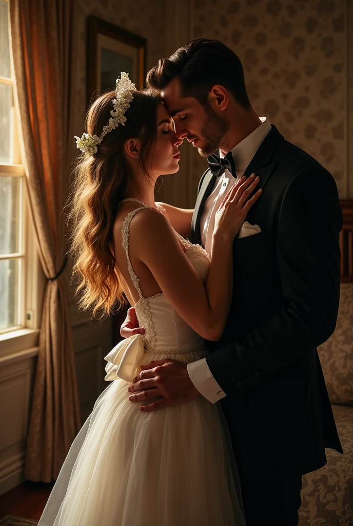 Beautiful maid talks to her boss , Apparently the boss's wife goes out and leaves them alone. , The maid provokes the boss ,The boss takes her to the room , The boss undresses the maid