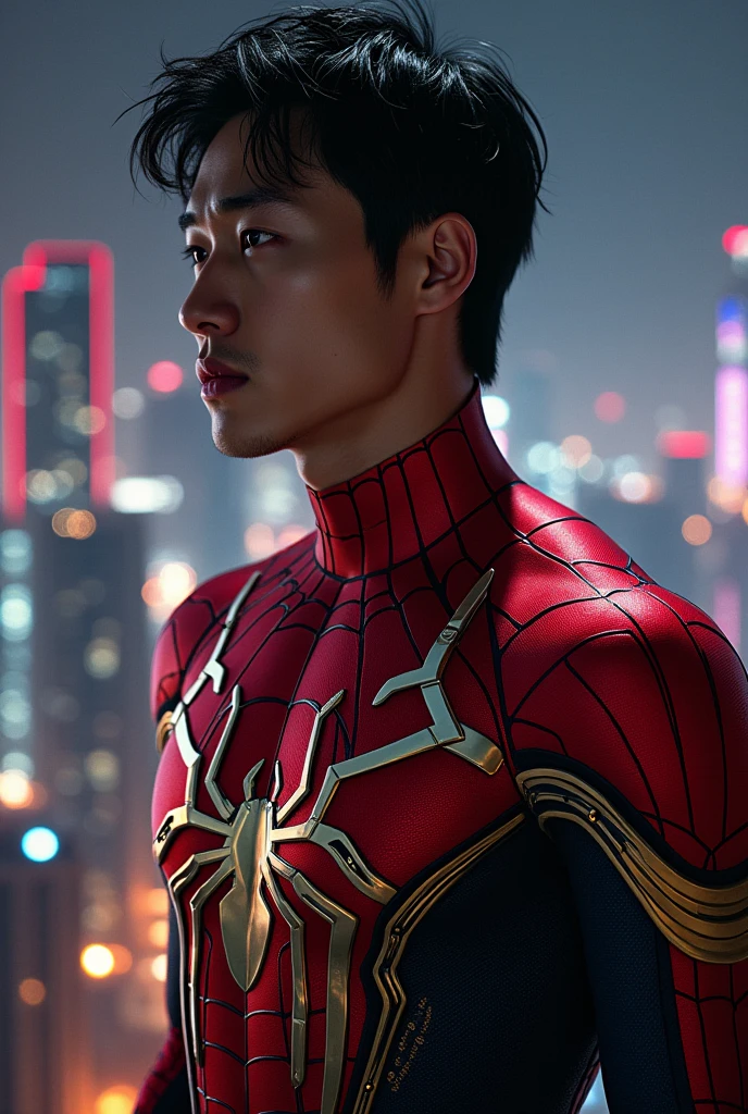 Create an image of a Korean man, wearing the red iron spider suit, where you can only see half the body and the city at night is in the background, The suit must be Iron and Spider Man