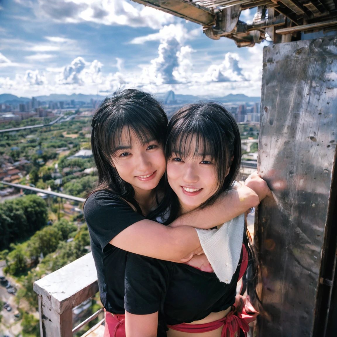 Identical twin sisters hugging each other、hug、(8k、Live Shooting、Highest quality、masterpiece:1.2)、Very detailed、Super Resolution、(Hyper Genuineity、)Very detailed、Super Resolution、(Genuine、Actual Photos:1.47)、 exhilarating roのwonderful selfie の a confident womの with black hair in a long,She beams as she looks out over the ultra-modern city below.... This high のgle,Fisheye lens photo の her in mountaineering clothes、Accentuate the spaghetti straps **** wonderful,Climbing Pのts,a 、This aerial photograph was completed...,