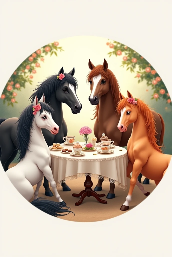 Create a circular image for your WhatsApp profile. Draw five cute horses having tea together. Put two white horses with black manes, put a black horse with a brown mane, put an orange with a brown mane, put a white horse with an orange mane. Put feminine clothes on them.