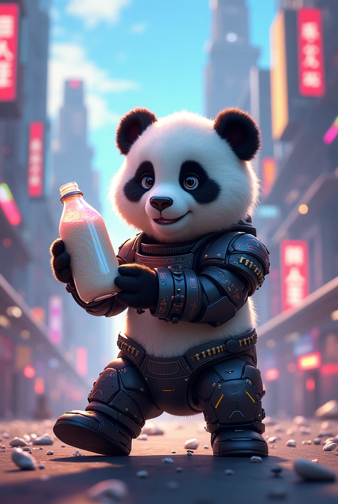Draw a picture of a panda cub in futuristic armor shaking a bottle of milk in a futuristic city in 2110 and name it. "Milk Shake" Put it in the milk bottle.