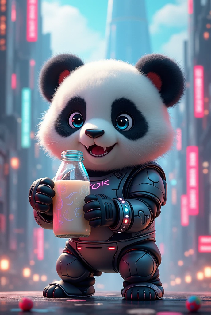 Draw a picture of a panda cub in futuristic armor shaking a bottle of milk in a futuristic city in 2110 and name it. "Milk Shake" Put it in the milk bottle.