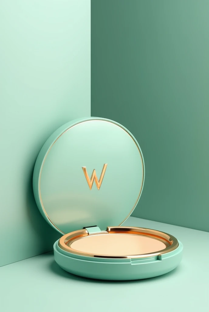 make compact makeup powder, for a brand called walancy with aqua green and gold packaging