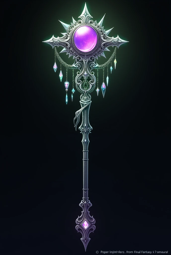 A purple and green staff from Final Fantasy X-2, with jewels hanging from the top --s 750 --niji 6