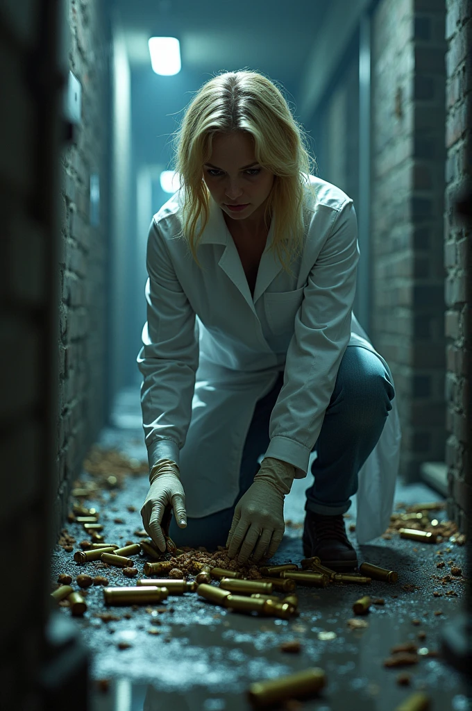 A blonde female forensic expert at the scene of an armed crime