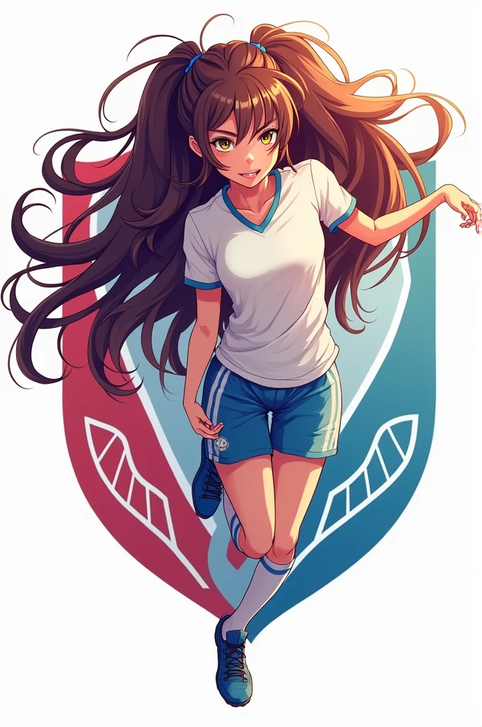A soccer crest with an anime woman , the background is white to convert it to png