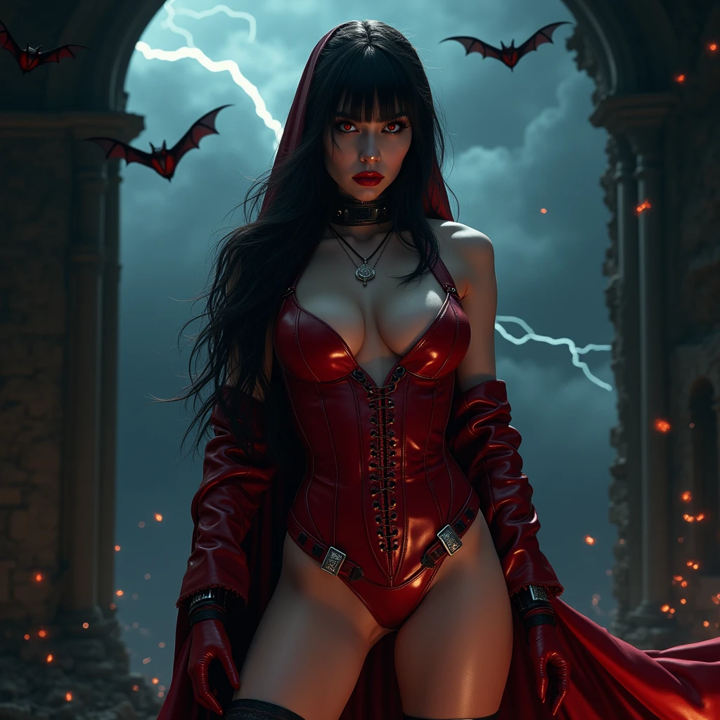 masterpiece,Best quality,a high resolution,Realistic full-length portrait of the captivating and ferocious Vampirella., legendary vampire hunter. She stands tall, wrapped in thick cloth, Sexy Red Leather Cutout Bodysuit, that hugs her every curve, decorated with gothic accents and silver buckles. Its long, flowing black hair cascades down her back, while her scarlet eyes sparkle with deadly determination. In the background is a stormy night sky with flashes of lightning, illuminating the dark ruins of the ancient castle.. Bats are circling around her, emphasizing the creepiness, Supernatural atmosphere.Very hot and sexy, потрясающая beauty, perfect proportions, beautiful body, slender body, beauty:1.4)