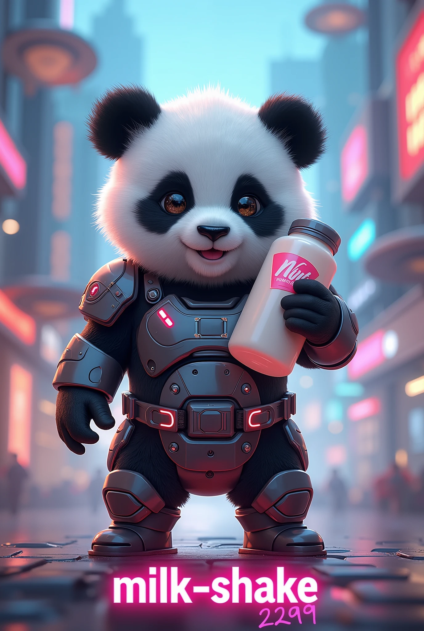 Draw a cool picture of a baby panda in futuristic armor shaking a bottle of milk in the middle of The future of the year 2299 and put the name MilkゞShake below the picture.