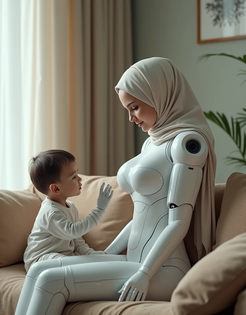 female robot wearing hijab, big breasts, white body, robot arm, wearing glove latex, playing with child on the sofa