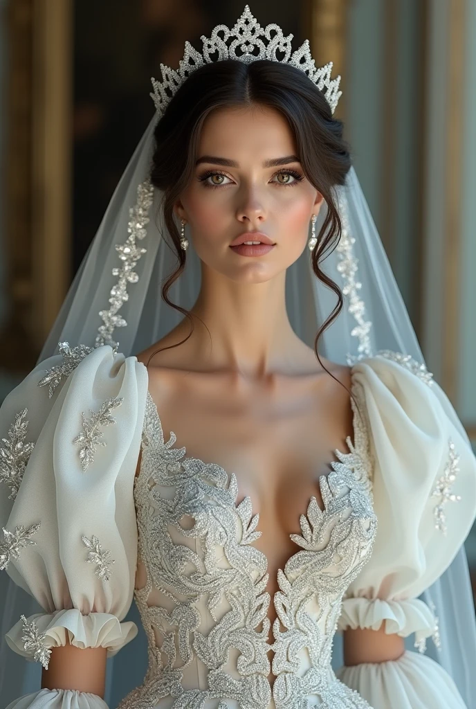 European woman model with hairstyle and veil wearing extremely luxurious diamond embroidered puff sleeve wedding dress.