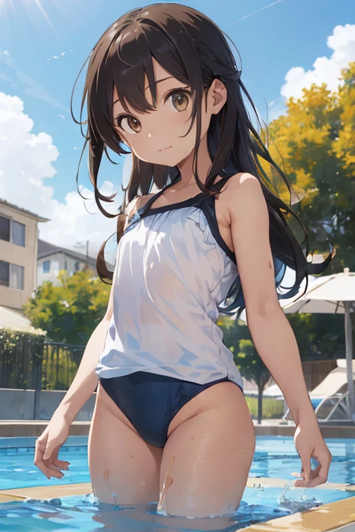 1 female, , as a child, girl, small chest, small legs, swimsuit, brown long hair, light brown eyes, blue sky, pool, park