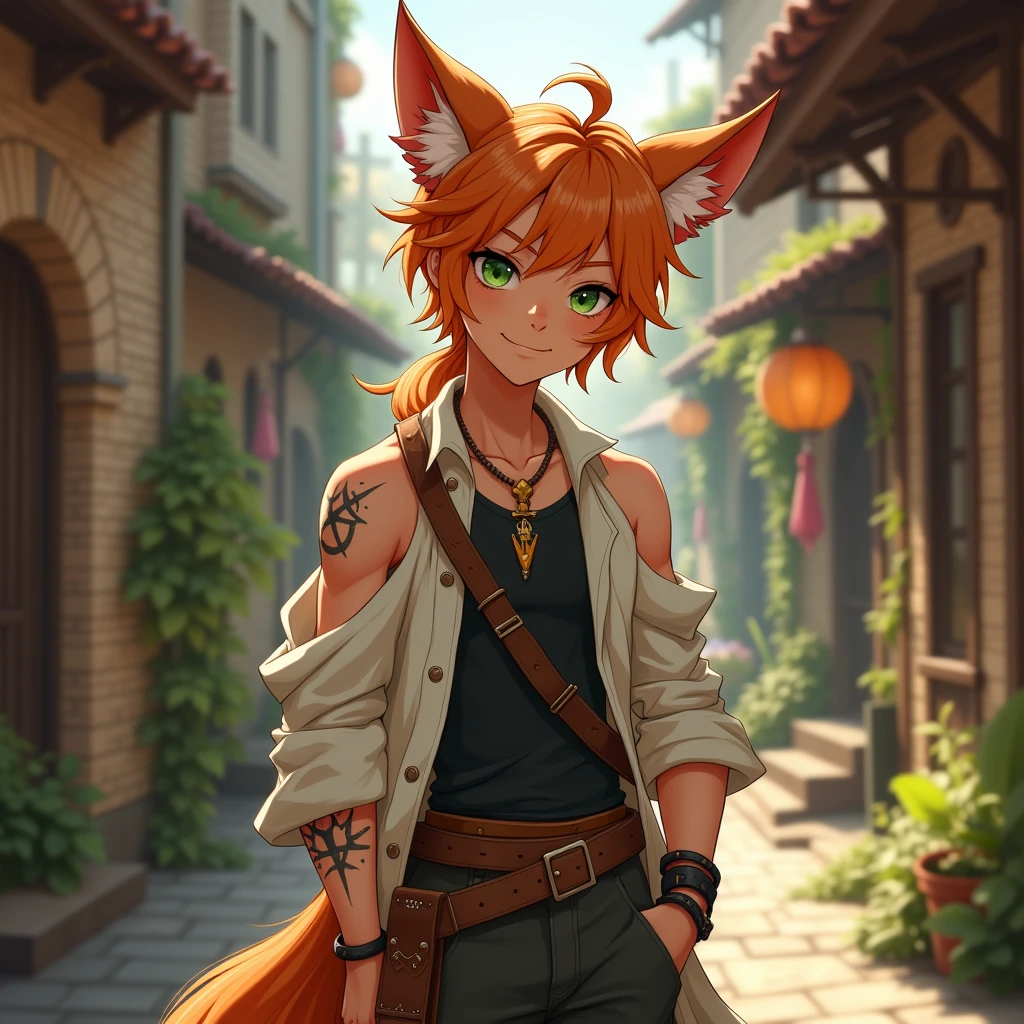 cute tall 1 boy with orange medium hair and lower ponytail and green eyes and fox ears, brown skin, tribal tattoo, off shoulder white jacket, black sleeveless shirts with crossed body leather belt, leather sandal, necklace, standing on the messy backstreet of medieval city, sunlight, soft focus, high quality, realistic background, adding depth and richness to the scene