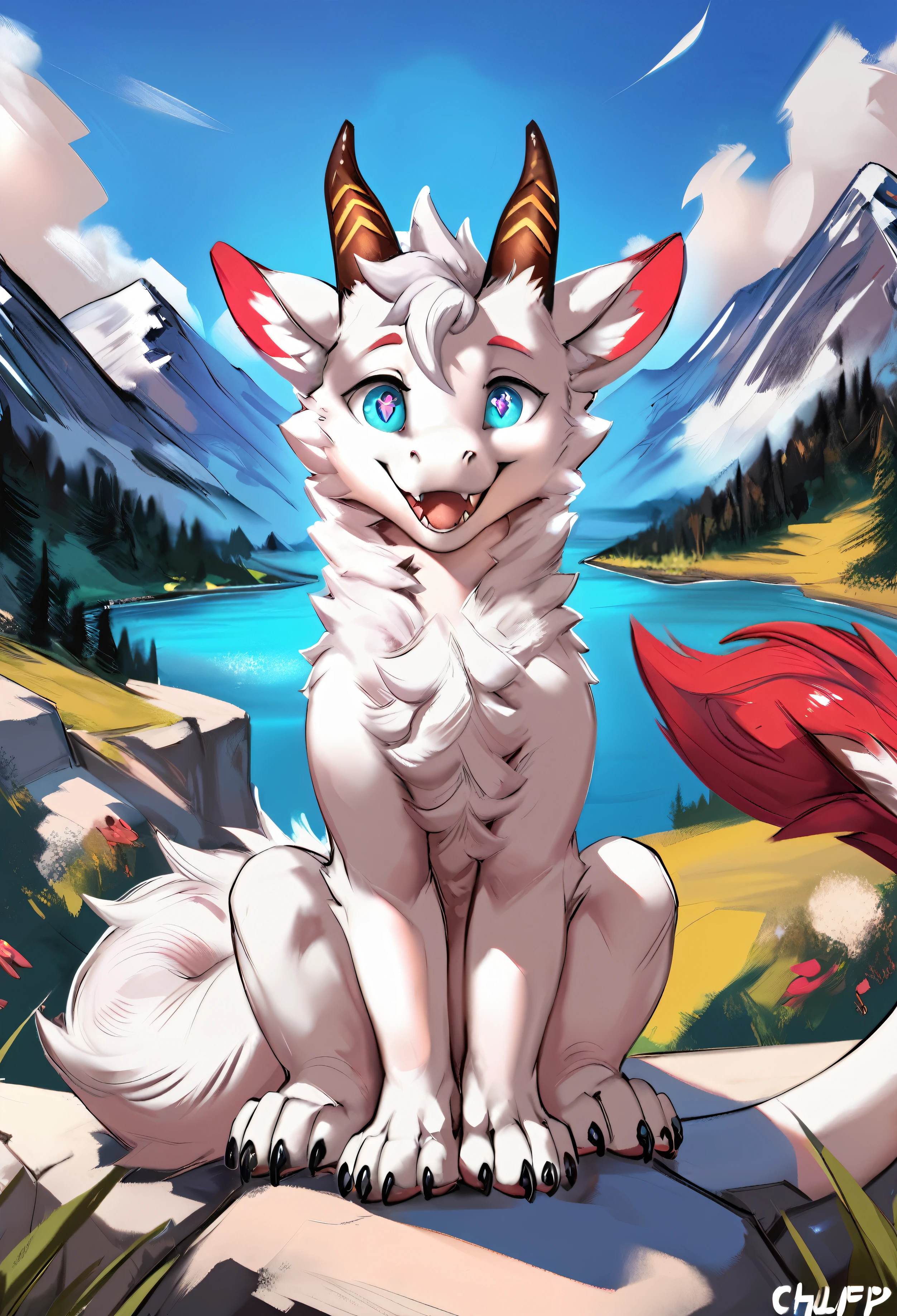 (by chunie and juiceps and zackary911 and klaide) (solo), (small cute dragon), verry cute, furry body, furred dragon, fluffy, quadruped, long fluffy tail, mouth open wide, happy, fangs, cute horns, beautifull eyes, dragon eyes, (elongated eye pupil), (beautifull iris colors), sitting, (male), (young dragon), timid, mountain background, nature, verry detailed face, looking with admiration, (looking at viewer), (handsome), score_9, score_8_up, score_7_up, score_6_up, score_5_up, score_4_up