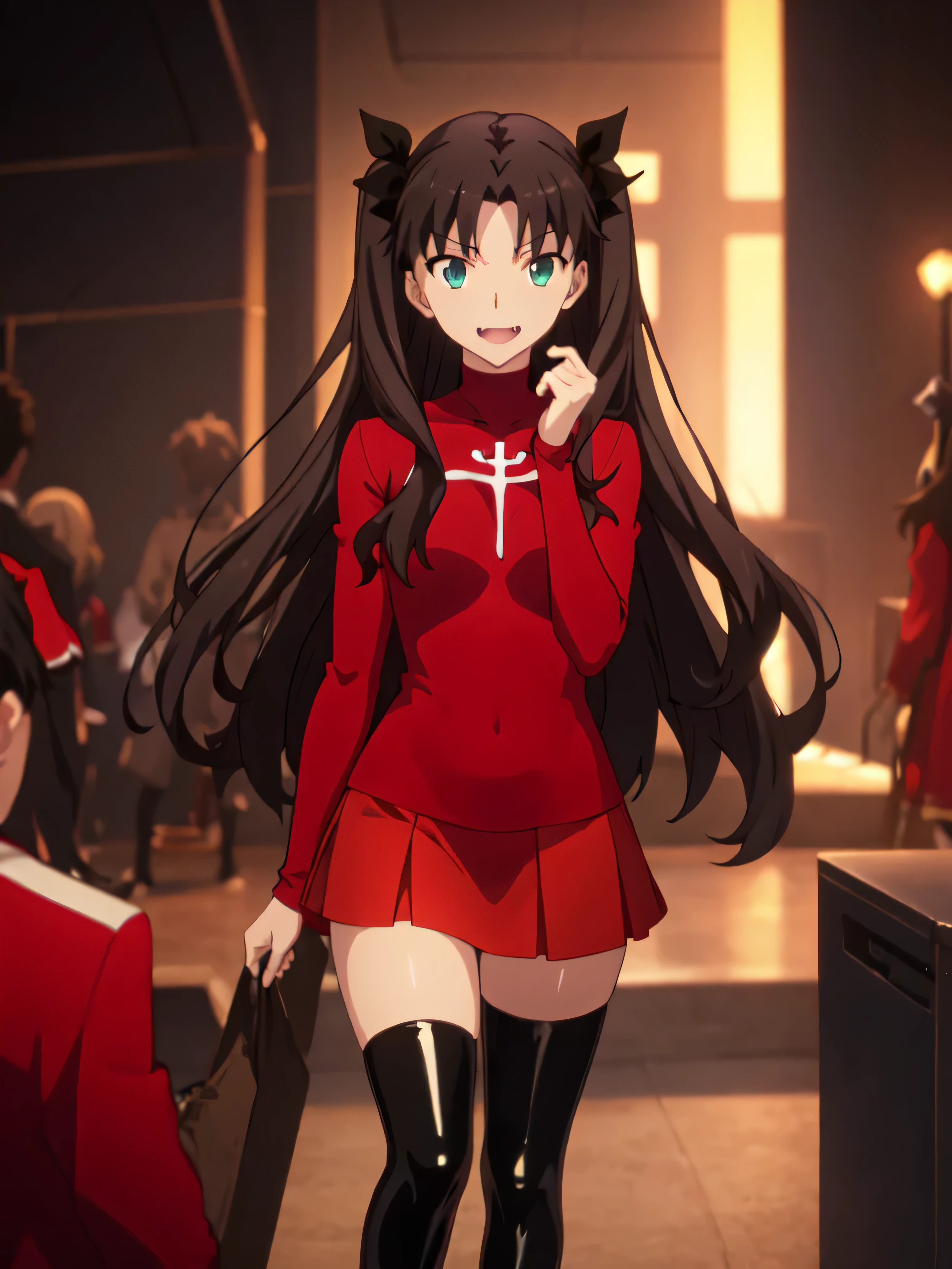 Highest quality, masterpiece, High resolution, 一人w, (Tohsaka_Also_fwestaynightufotable:1.10), one person, アニメ_coloAlsog, turtleneck, , Lookwg_w_Audience, brown_hair, Parody, green_eye, , swewer, アニメ_style, 5 ,,Bad face,, Black Skirt,both hands,Two legs,Five Fwgers,Evil background,shwy ,shwy latex Black thighhigh socks ,evil laugh, Debish Aura (Shwy fabric:1.5),Dark world background,solo,Burnwg cityscape,lookwg dwon at viewer