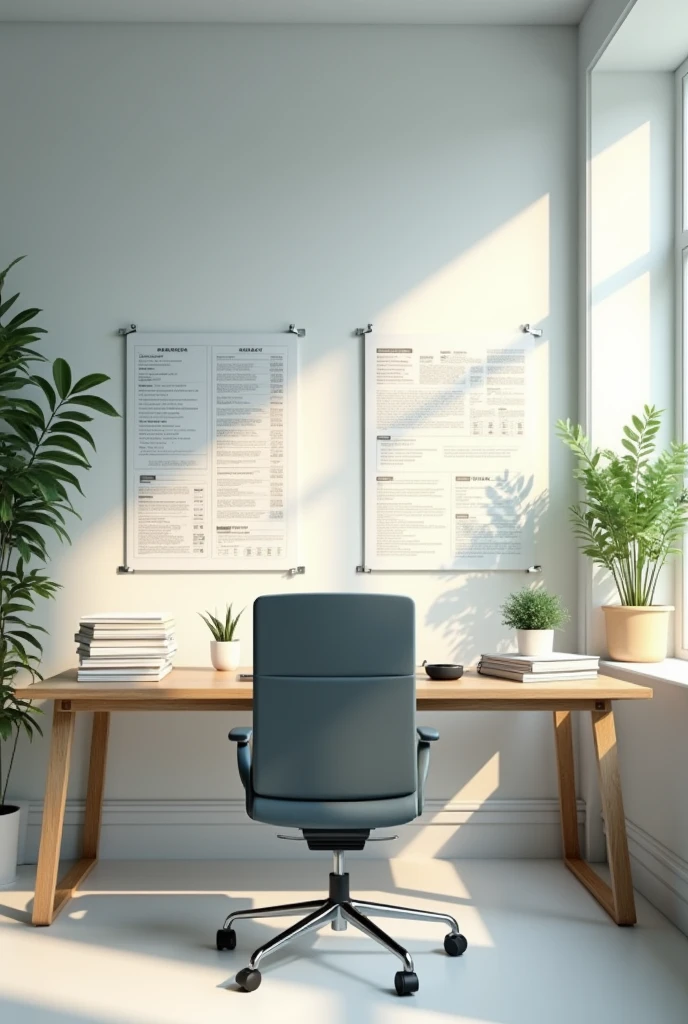 "Create an image that conveys a sense of discipline and order. The scene should feature a meticulously organized environment, such as an office or training room. Include elements like a clean desk with neatly arranged work materials, a straight-backed chair, and a wall with a calendar or goal board. The lighting should be clear and focused, reflecting an atmosphere of concentration and efficiency. Add subtle details that reinforce the idea of dedication and focus, such as a stack of books or documents carefully arranged."