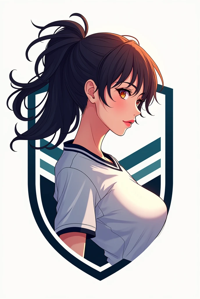 A soccer crest with an anime woman , the background is white to convert it to png
