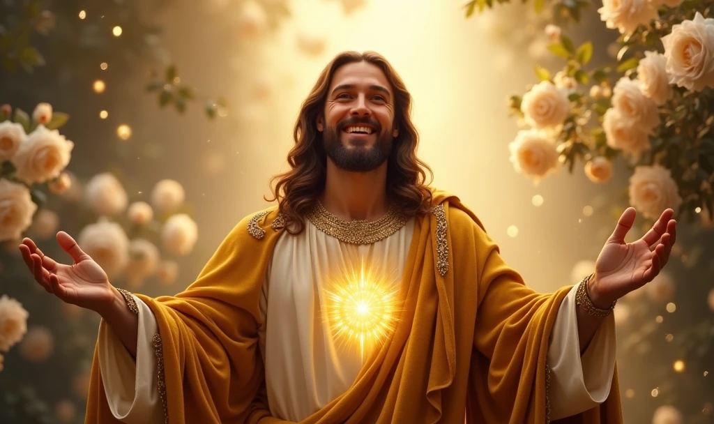 Ultra realistic Christ smiling with a loving face with his hands in a gesture of welcoming the viewer with open arms, chic velvet gold cape. his heart is ultra radiant, loving, shining eyes to the viewer, of light to convey depth and white rose garden background, many lights coming from the sky