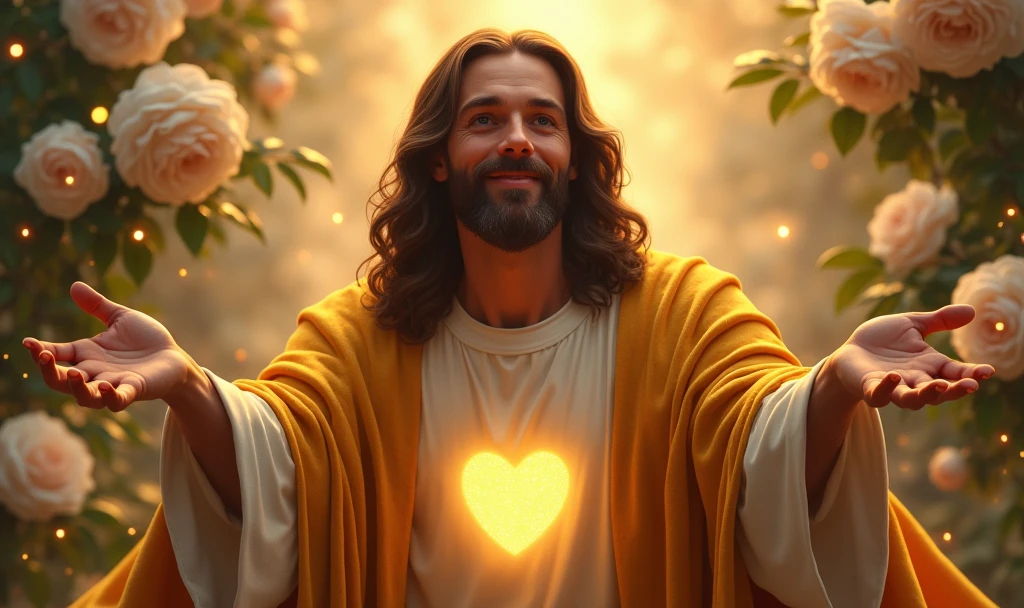 Ultra realistic Christ smiling with a loving face with his hands in a gesture of welcoming the viewer with open arms, chic velvet gold cape. his heart is ultra radiant, loving, shining eyes to the viewer, of light to convey depth and white rose garden background, many lights coming from the sky