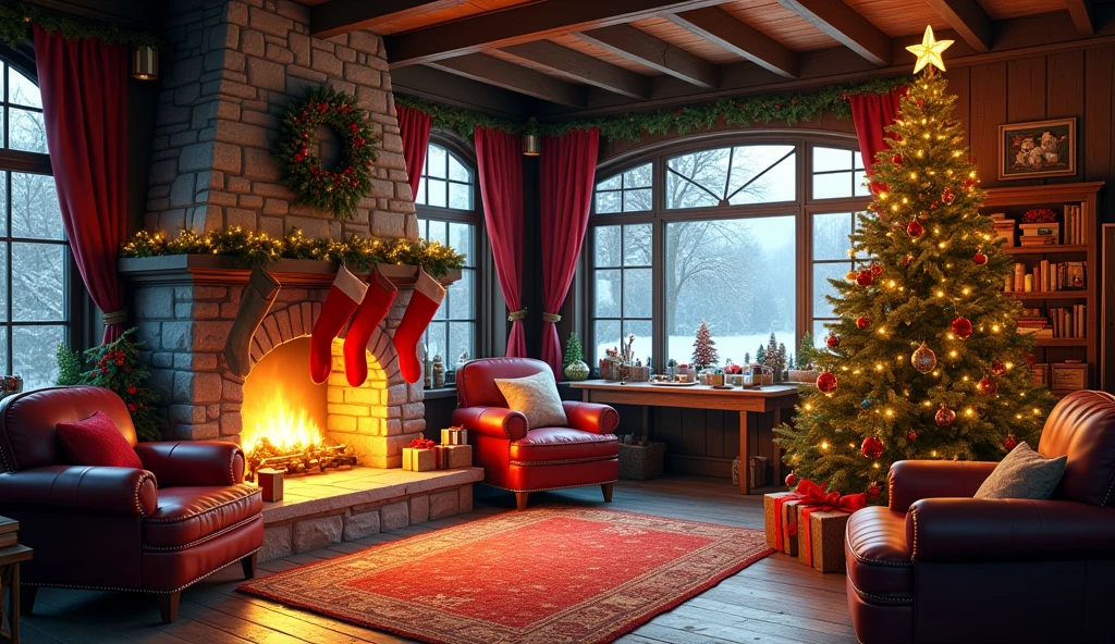 The interior of Santa&#39;s house is a warm and welcoming space, decorated with a festive and magical touch. The walls are paneled in dark wood and are adorned with holly garlands and golden lights that cast a soft glow.. In the center of the room, A large stone fireplace is lit, with dancing flames that illuminate the space and provide comforting warmth. Above the fireplace, There is a shelf decorated with Christmas stockings hanging, seasonal decorations on one side of the room, There is a big Christmas tree decorated with shiny balls, golden ribbons and a golden star on top. Under the tree, There are lots of presents wrapped in colorful paper and ribbons. in front of the fireplace, There is a soft and warm carpet, and several leather armchairs and a sofa are arranged around it, with wool blankets and decorative pillows. in a corner, A work table is filled with toys in various stages of assembly., with tools, pieces of wood and paint scattered. A shelf full of story books and a small toy library complete the decor.. The windows are adorned with red velvet curtains and a view of the snow falling outside.. The scene conveys a sense of joy and wonder., reflecting the festive spirit and magic of Santa&#39;s home, masterpiece, Best Quality, High resolution 1024X432 [21 : 9]