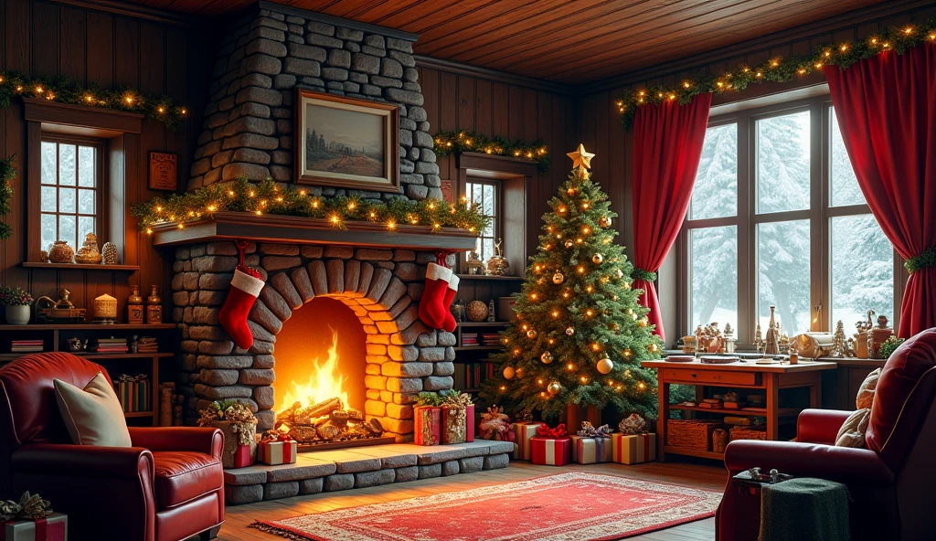 The interior of Santa&#39;s house is a warm and welcoming space, decorated with a festive and magical touch. The walls are paneled in dark wood and are adorned with holly garlands and golden lights that cast a soft glow.. In the center of the room, A large stone fireplace is lit, with dancing flames that illuminate the space and provide comforting warmth. Above the fireplace, There is a shelf decorated with Christmas stockings hanging, seasonal decorations on one side of the room, There is a big Christmas tree decorated with shiny balls, golden ribbons and a golden star on top. Under the tree, There are lots of presents wrapped in colorful paper and ribbons. in front of the fireplace, There is a soft and warm carpet, and several leather armchairs and a sofa are arranged around it, with wool blankets and decorative pillows. in a corner, A work table is filled with toys in various stages of assembly., with tools, pieces of wood and paint scattered. A shelf full of story books and a small toy library complete the decor.. The windows are adorned with red velvet curtains and a view of the snow falling outside.. The scene conveys a sense of joy and wonder., reflecting the festive spirit and magic of Santa&#39;s home, masterpiece, Best Quality, High resolution 1024X432 [21 : 9]