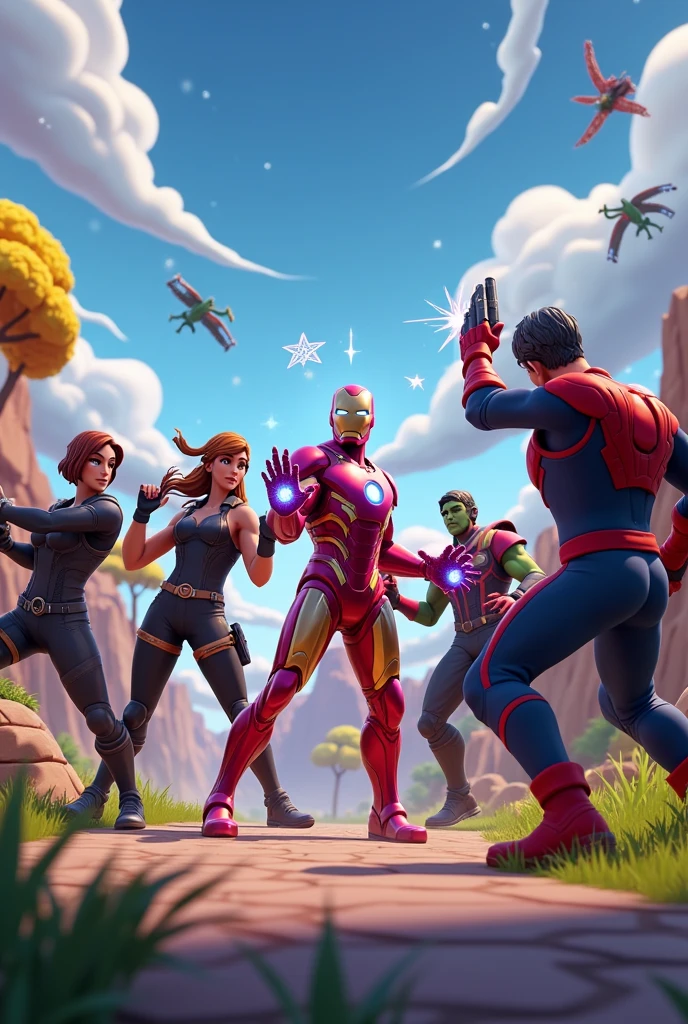 Make a group of 6 players with real Fortnite skins inside Fortnite playing a Marvel themed match