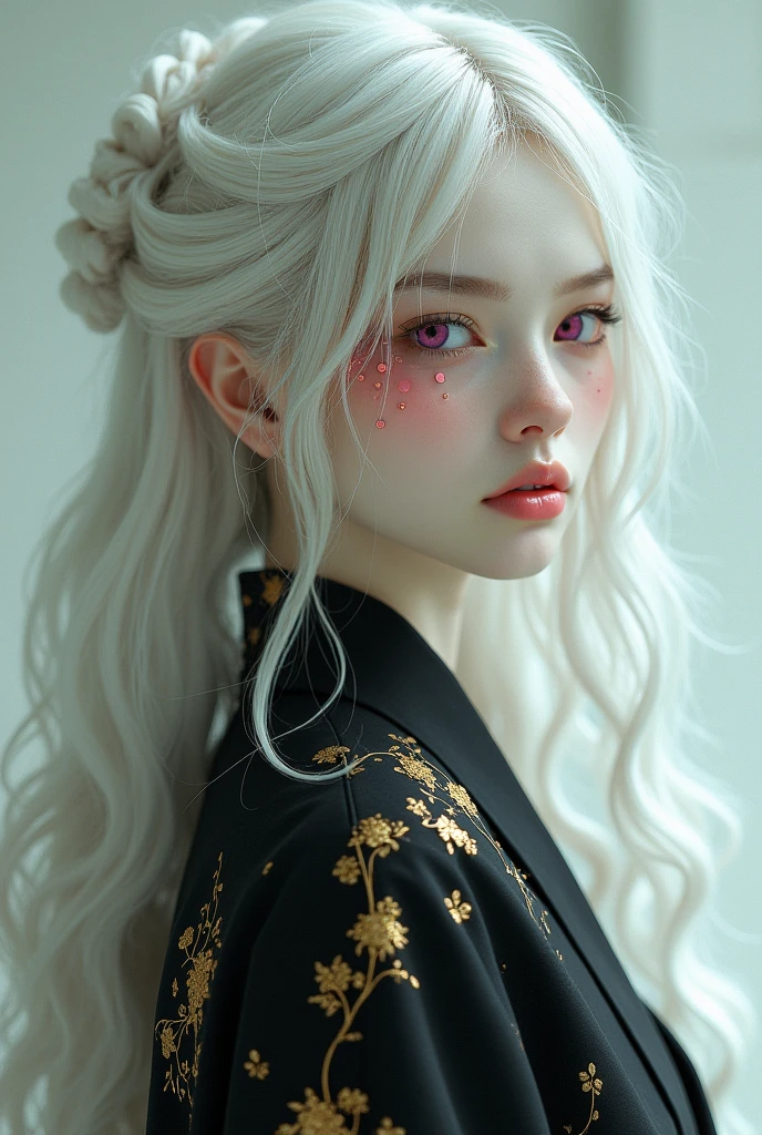 Albine women, pink-eyed, heart shaped pupils, long wavy hair, White color, wears a black kimono with gold, He has a scar on his right eye.