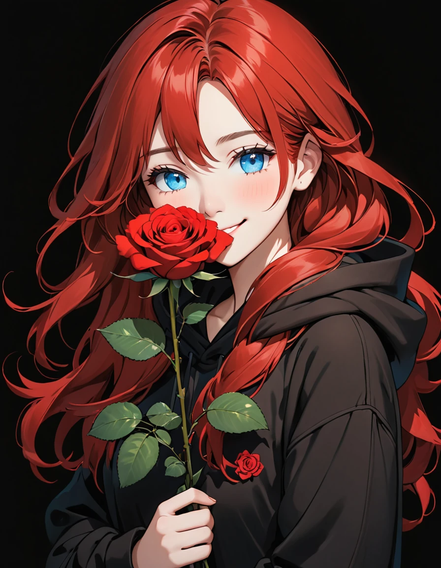 Girl in brown hoodie holding red rose with beautiful eyes and face, single girl, alone, black hoodie, flower, holding flower, red hair, rose, one eye closed, looking at viewer, black background, holding, long hair, hoodie, simple background, upper body, long sleeve, smile, blue eyes, red flower