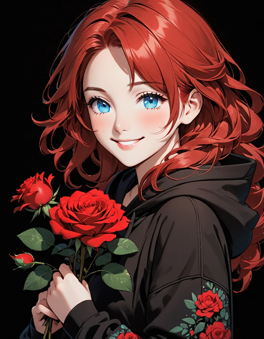 Girl in brown hoodie holding red rose with beautiful eyes and face, single girl, alone, black hoodie, flower, holding flower, red hair, rose, one eye closed, looking at viewer, black background, holding, long hair, hoodie, simple background, upper body, long sleeve, smile, blue eyes, red flower
