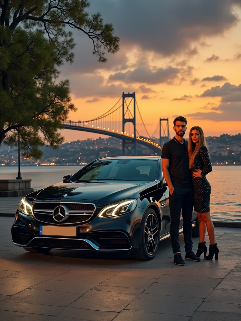 BLACK mercedes benz model E-class w211 wheels year 2005 whit amg paket in front of the bridge in istanbul on a night and beatiful young couple in front of the car realistically 