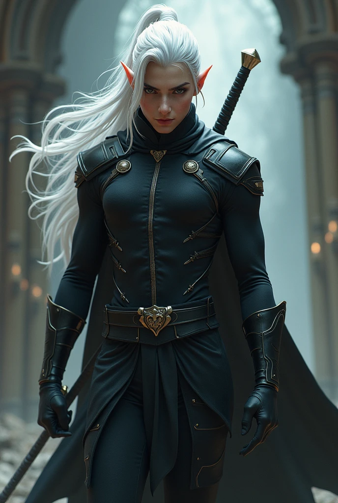 Young elf man with sword in hand and white hair, his clothes are black and his body is athletic, 3D art style
