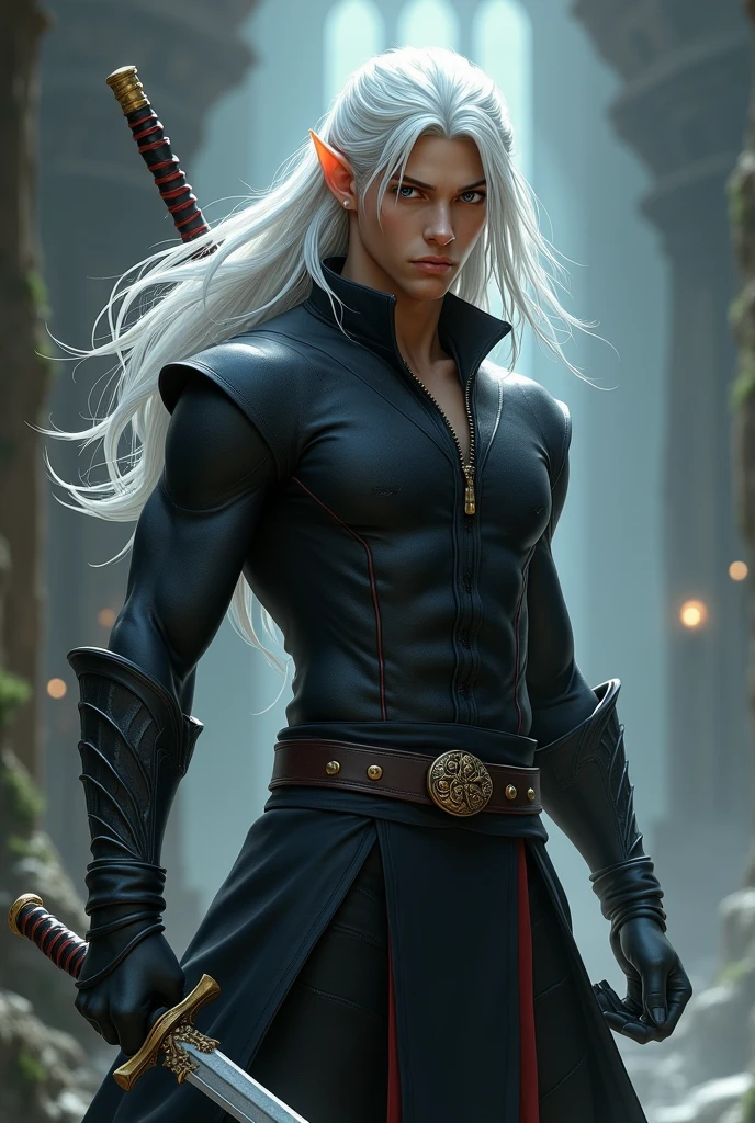 Young elf man with sword in hand and white hair, his clothes are black and his body is athletic, 3D art style