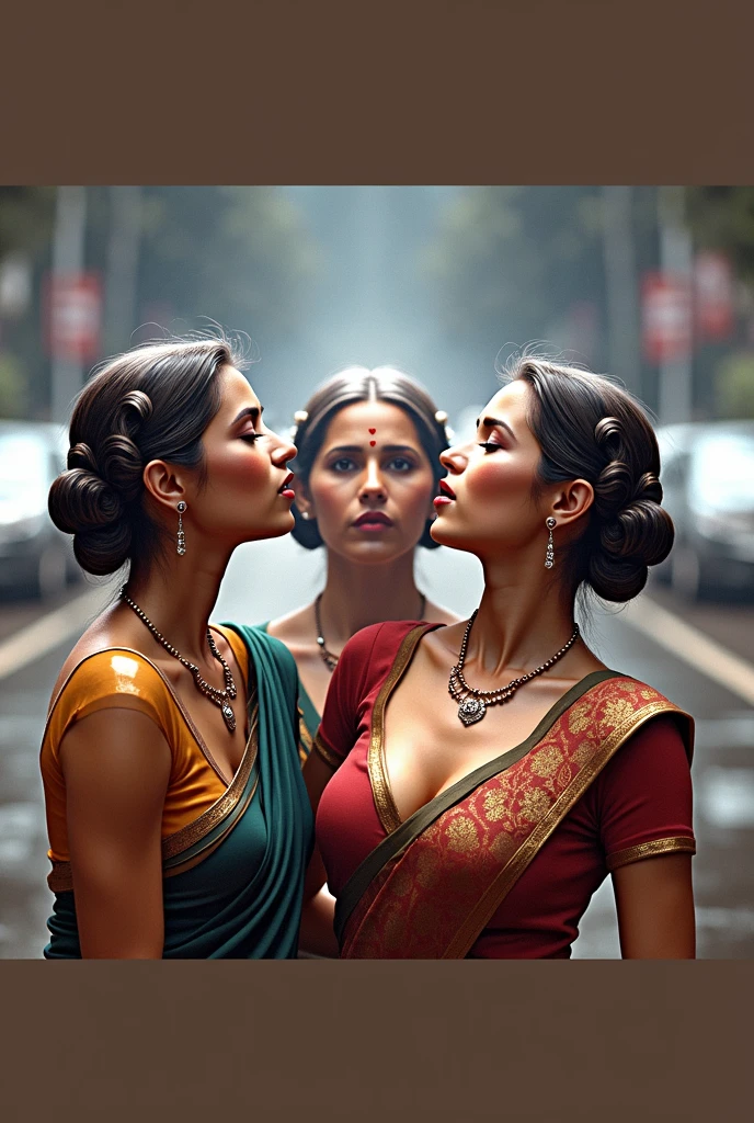 In the road, two mature indain ladies in sarees,kissing,their straight bottom curl bob length hair made in to scalp curl slick multiple small small ponytails are 10 liters of oil poured over their hairs making slick shinning like mirrors,tongues are highly visible,Hairs strictly as per image,Stricly as per the image,