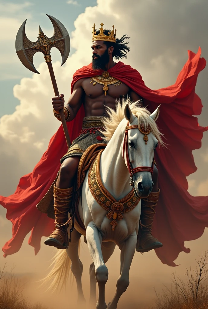 Muscular African man with golden crown and red king cape with double axe in hand riding a white horse full body 