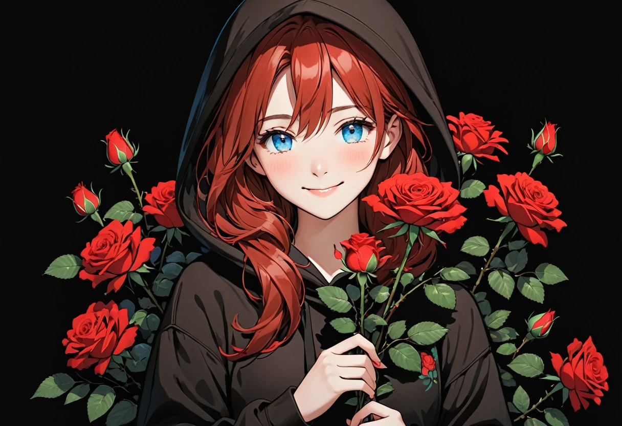 Girl in brown hoodie holding red rose with beautiful eyes and face, single girl, alone, black hoodie, flower, holding flower, red hair, rose, one eye closed, looking at viewer, black background, holding, long hair, hoodie, simple background, upper body, long sleeve, smile, blue eyes, red flower
