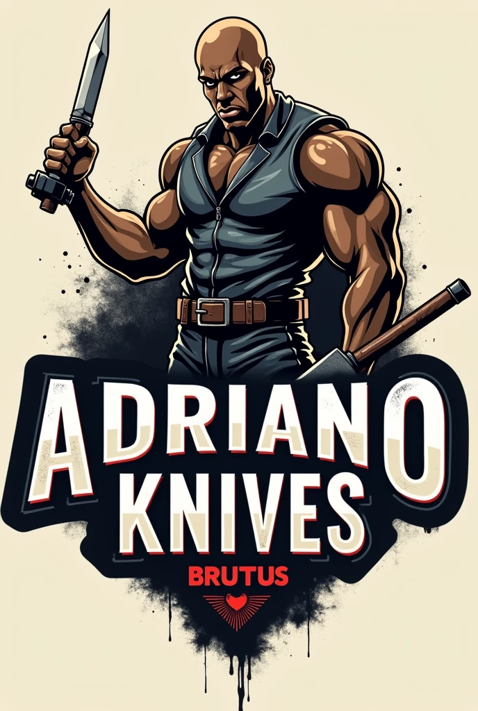 Make a logo with the words Adriano Knives Brutus large and visible .
With a bald and strong black ferrero wearing a leather jumpsuit holding a knife in one hand and a hammer in the other