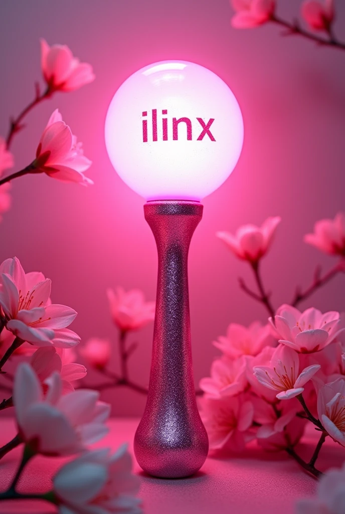 A pink kpop lightstick with round glitter with a handle to hold it similar to the one from Kiss of life and with the word Ilinx inside and some flowers 