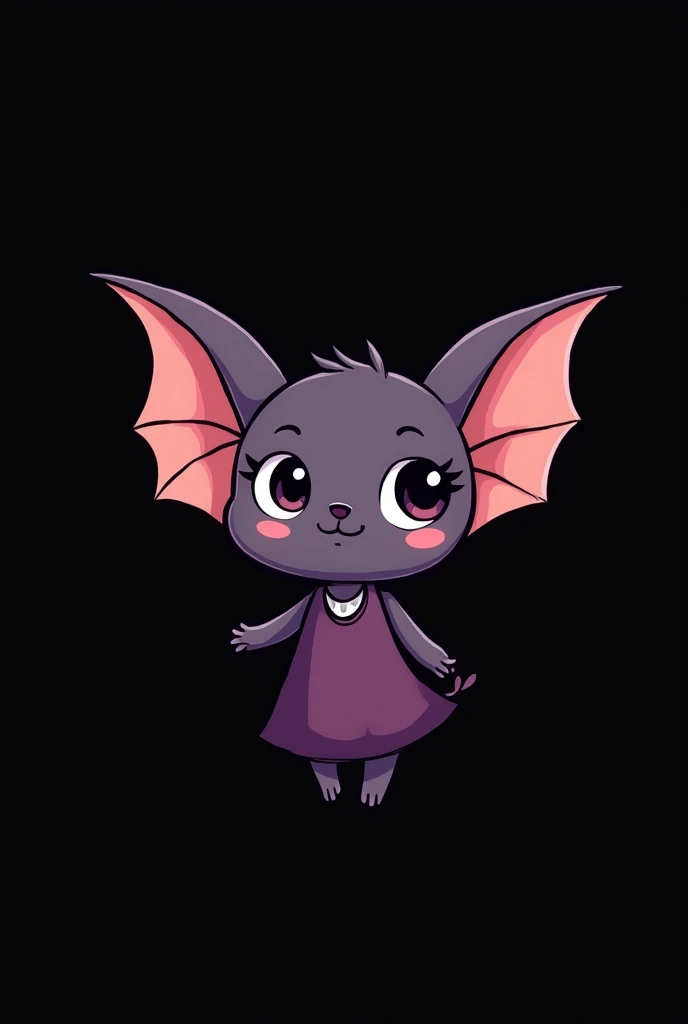 a cute little bat with purple dress and minimalist cartoon style with black background