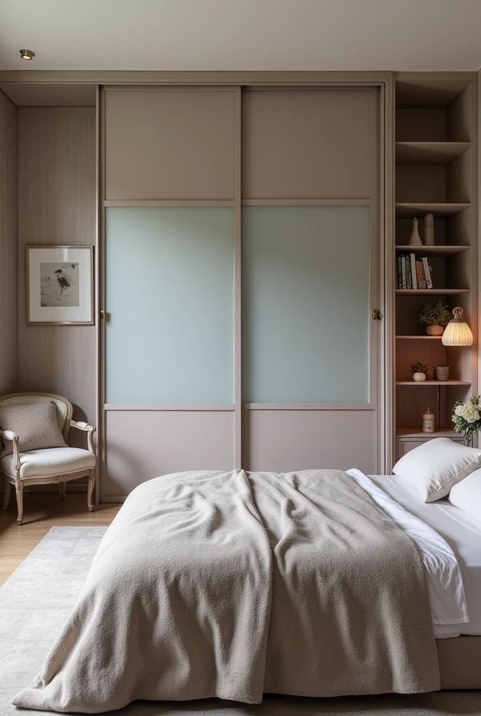 A spacious and cozy double bedroom in neutral gray tones, with wooden furniture in Provençal style, with a closet closed from ceiling to floor by a structure in frosted glass in lavender tones, with a sliding door for access.