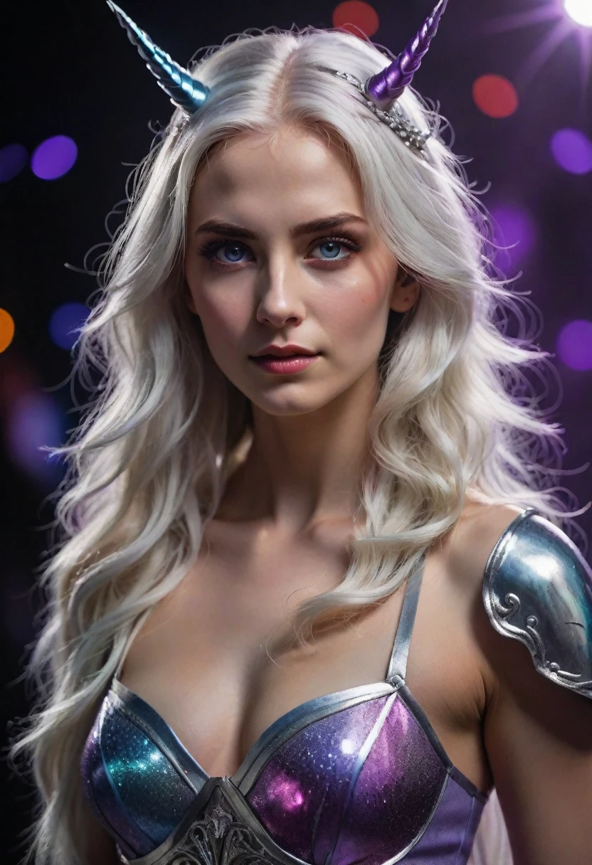 a beautiful anthropomorphic unicorn woman, detailed portrait of a woman with flowing long white hair, violet eyes, intricate facial features, delicate skin, magical fantasy creature, ethereal, glowing, (best quality,4k,8k,highres,masterpiece:1.2),ultra-detailed,(realistic,photorealistic,photo-realistic:1.37),digital art, fantasy art, highly detailed, hyperrealistic, vibrant colors, dramatic lighting, mystical, elegant, graceful,Portrait of a woman wearing a (long mini-crop top and crop scirt, fancy make-up), standing on a stage, Holds An Intricately Shaped Rapier In Her Hand As If It Was From The Far Future, And Its Blade Is Splashed With Drops Of Blood, smiling, tears Drops Of Blood of joy run down cheeks, flashbulb lightning storm, audience in Background,dramatic atmosphere, dim light, spotlight, large public , crowded arena, multicolor laser show, pyrotechnics, long hair, looking to the viewer,, (masterpiece, best quality, ultra-detailed, best shadow), high contrast, (best illumination), ((cinematic light)), colorful, hyper detail, dramatic light, intricate details, (1 girl, solo) , ultra detailed artistic photography, dreamy, backlit, shadows, ultra high definition, 8k, ultra sharp focus, ultra high quality model, soft lighting, film photography, analogue photography, hyperrealism,, ((sharp face, detailed face, realistic face, naturtal skin, realistic skin, detailed skin, pores, detailed eyes,realistic eyes)),
