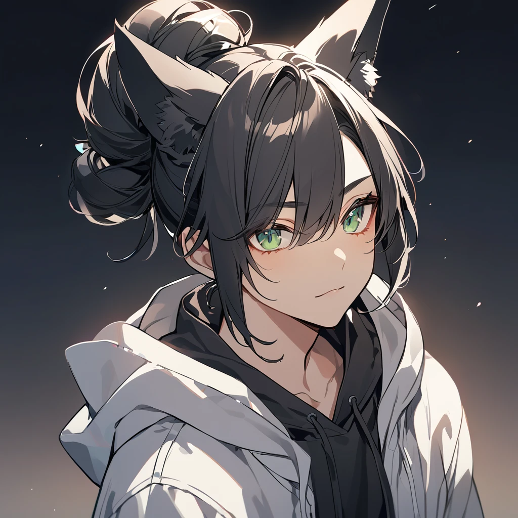 Man, black hair, green eyes, fox ears, hair tied in a bun, hoodie