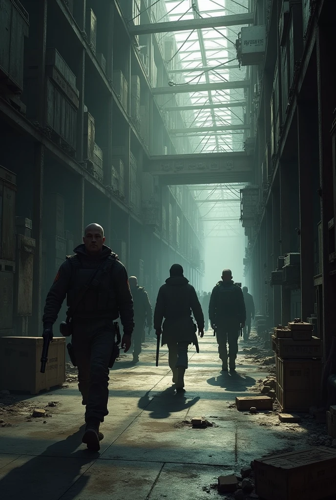 mercenaries looking for something in a warehouse