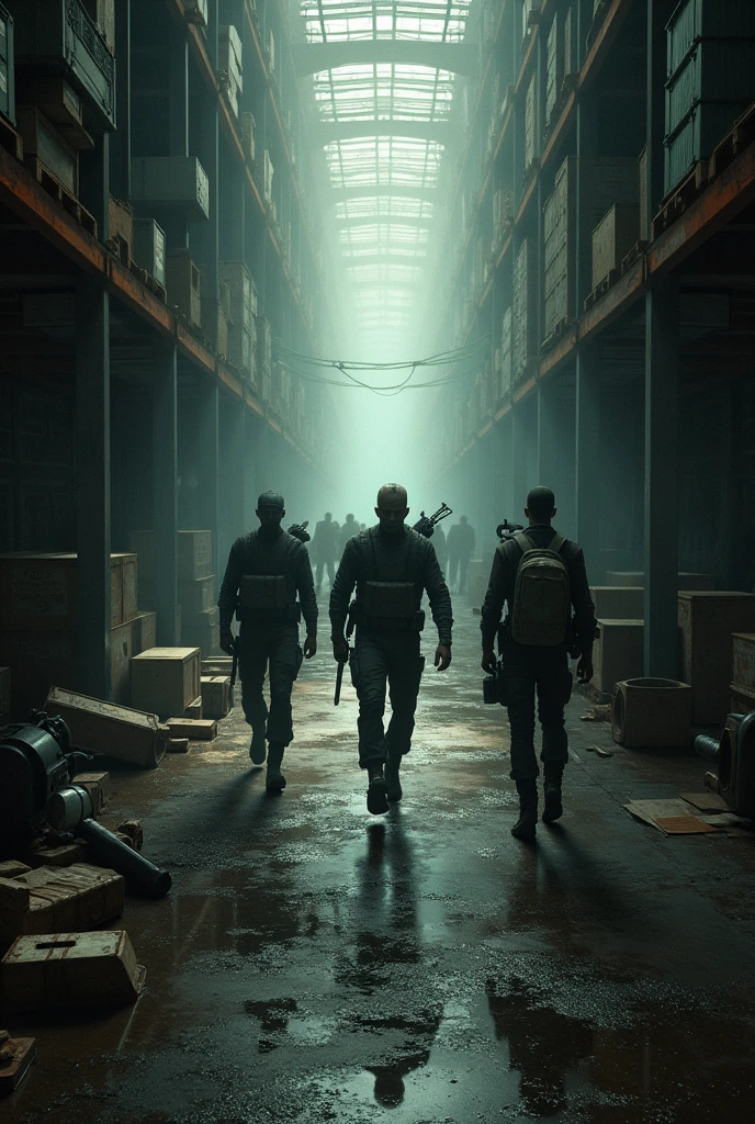 mercenaries looking for something in a warehouse