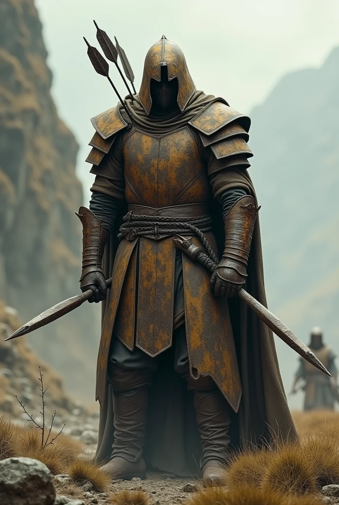 A 1 in wooden-like armor with a few arrows piercing the armor
