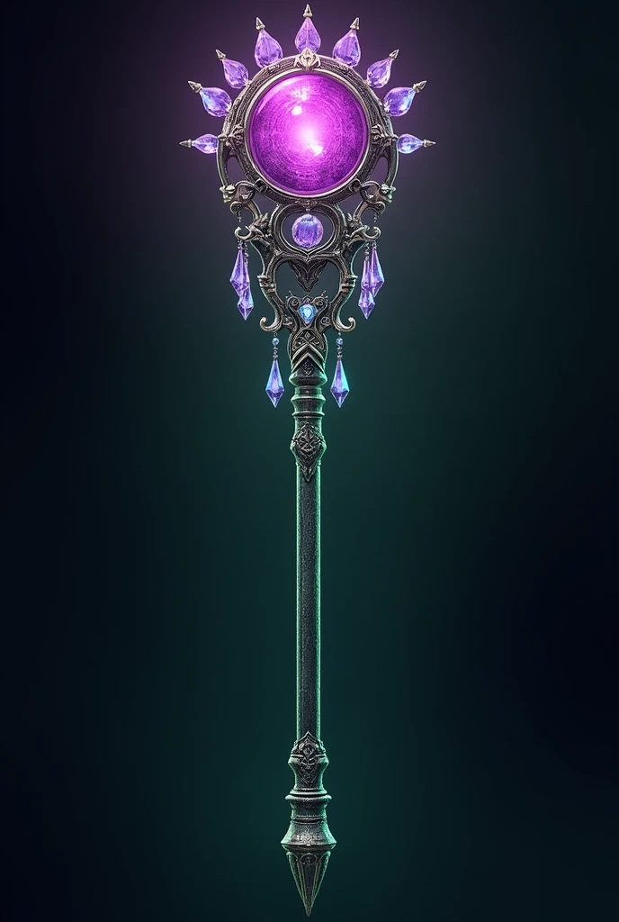 A purple and green staff from Final Fantasy X-2, with jewels hanging from the top --s 750 --niji 6