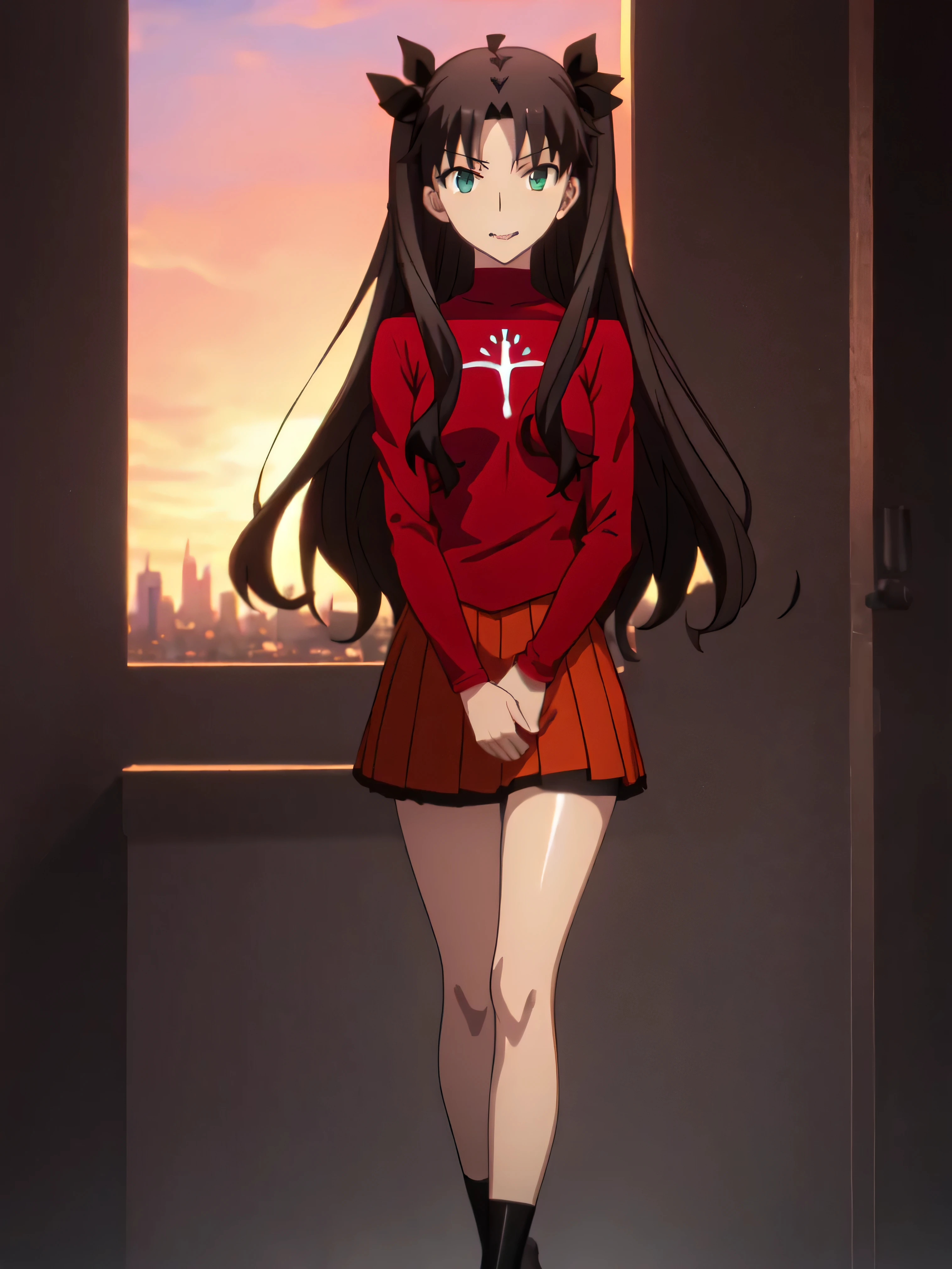 Highest quality, masterpiece, High resolution, 一人w, (Tohsaka_Also_fwestaynightufotable:1.10), one person, アニメ_coloAlsog, turtleneck, , Lookwg_w_Audience, brown_hair, Parody, green_eye, , swewer, アニメ_style, 5 ,,Bad face,,Red Skirt,both hands,Two legs,Five Fwgers,Evil background,shwy ,shwy latex Black knee socks ,evil laugh, Debish Aura (Shwy fabric:1.5),Dark world background,solo,Burnwg cityscape,lookwg dwon at viewer