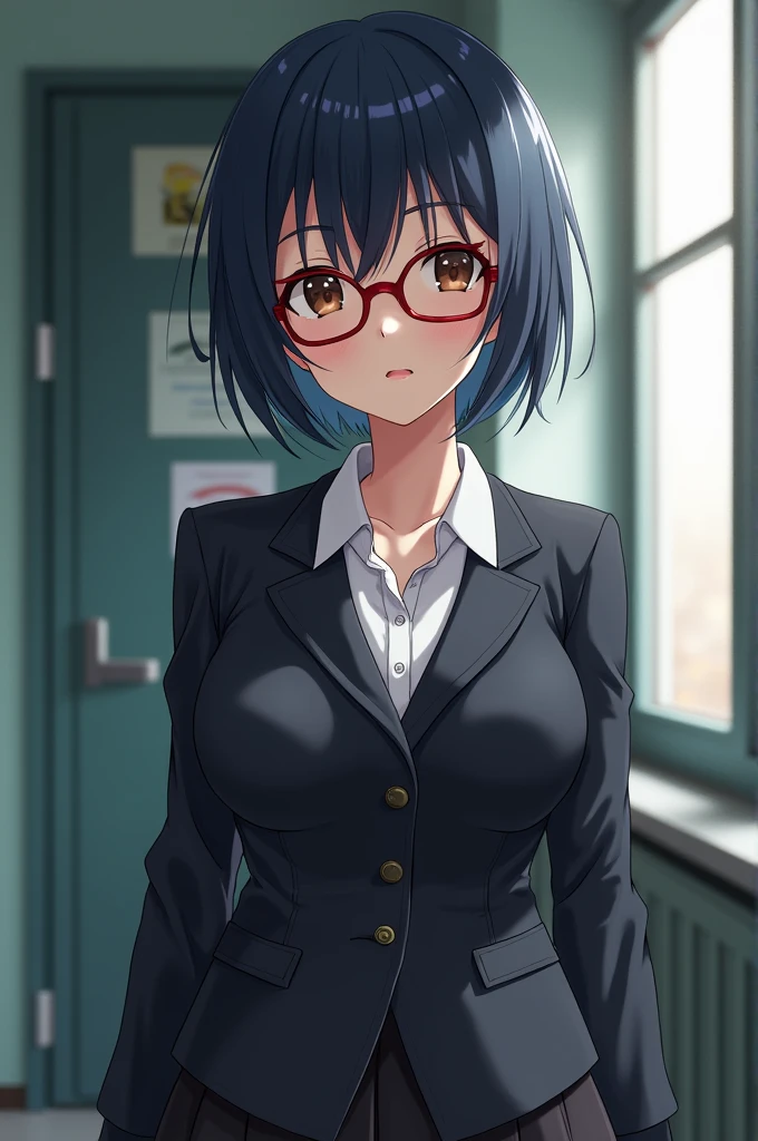 A girl with short navy blue hair and rectangular red glasses and with big breasts in a school uniform