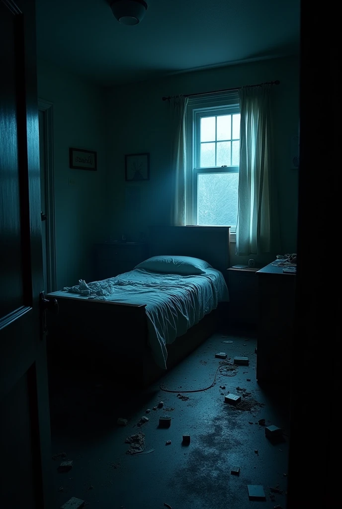 make a dark room, messy, in the middle of the night, with a single bed against the wall next to an open window, Please take the photo in horizontal format.