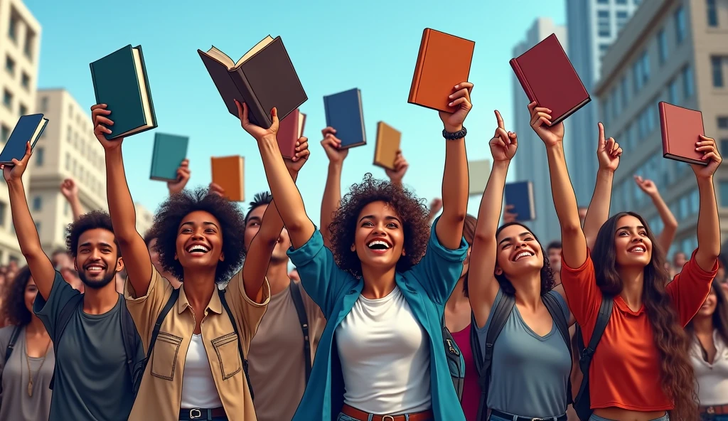 people of various ethnicities, white, loans and indigenous people, protesting by raising books in their hands 